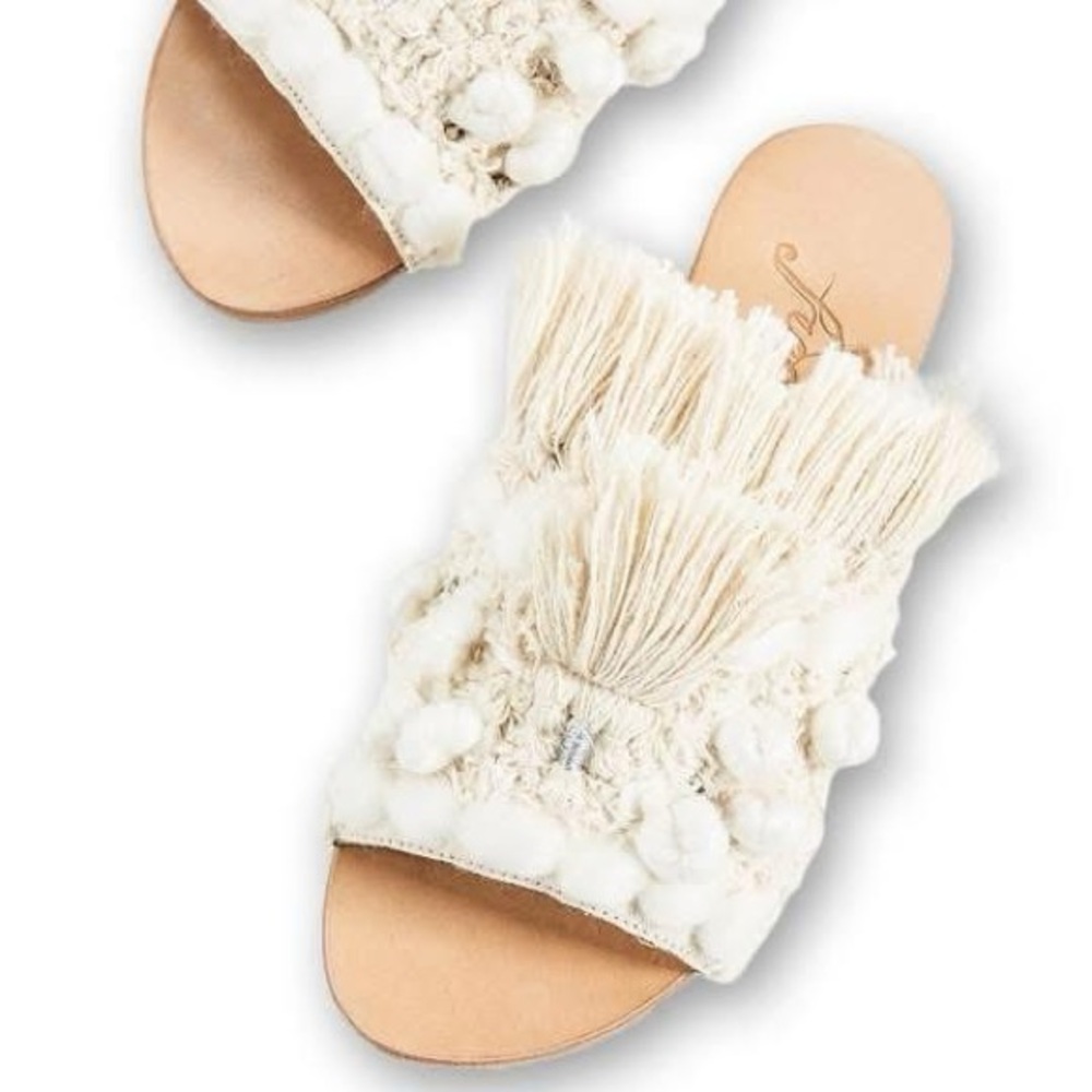Free People Cream Fringe Slide Sandals